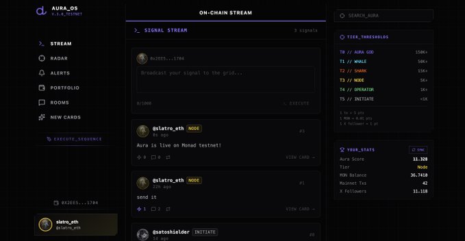 The image shows a screenshot of a social media platform called "Aura" that is currently live, as indicated by the text "Aura is officially live on Monad Testnet!". The platform has been built from scratch using a combination of on-chain smart contracts and an off-chain sync layer. The post also mentions that the terminal was created with a focus on vibe coding, which suggests that the developer prioritizes creating a user-friendly and visually appealing interface for users to interact with.
