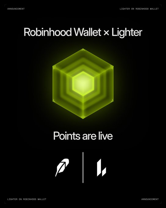 An announcement graphic titled 'Robinhood Wallet x Lighter' states 'Points are live' alongside logos for Robinhood and Lighter, featuring a green 3D hexagonal graphic.
