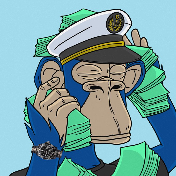 A cartoonish Bored Ape-style monkey wearing a white captain's hat is surrounded by flying stacks of green cash while raising its hands and pointing fingers, with a Rolex-style watch visible on its wrist. The image ties into "Uptober is calling" by depicting the jubilant, wealth-filled excitement traders feel during the bullish October crypto rally season.