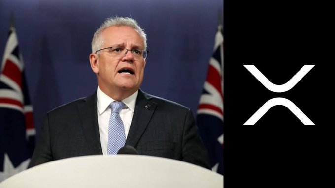 Scott Morrison stands at a podium with Australian flags behind him, paired with the XRP logo on a black background.
