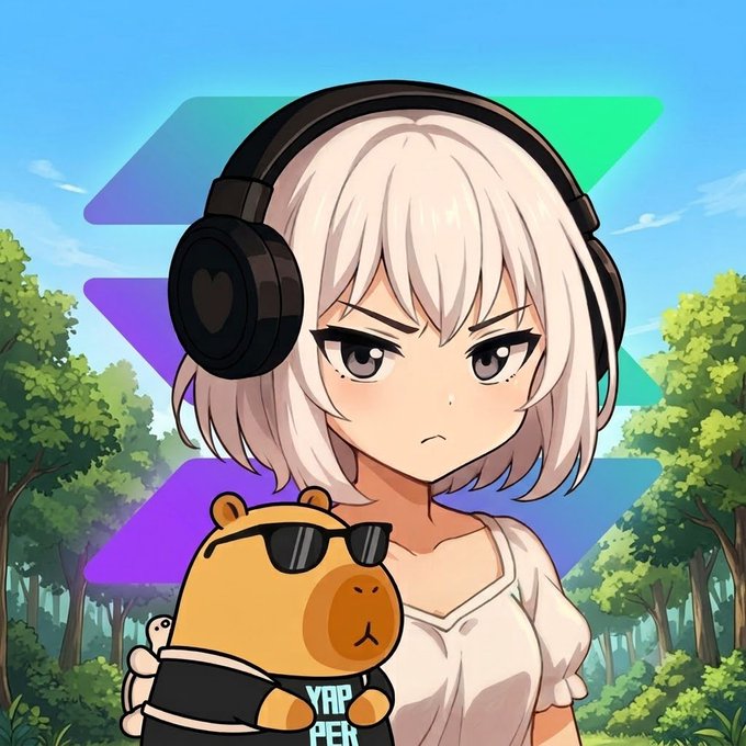 An anime-style illustration of a white-haired girl wearing black headphones, holding a small bear wearing sunglasses with 'YAP PEK' on its shirt, set against a forest background with a geometric pattern.