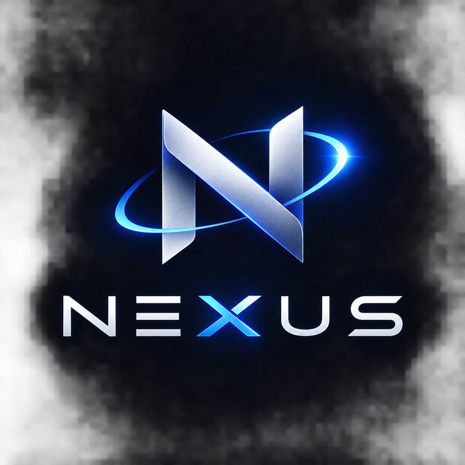 Digital artwork displaying the word 'NEXUS' beneath a stylized metallic 'N' logo encircled by a glowing blue ring against a smoky black and white background.