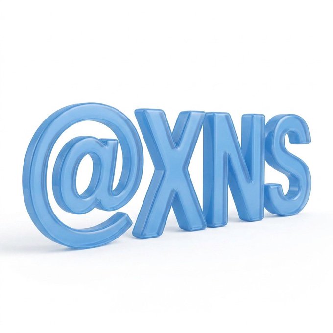 The image shows 3D-rendered, translucent light blue letters spelling "@XNS" set against a white background, visually highlighting the XNS branding as a modern onchain naming solution. The stylized text supports the post's message by putting a bold visual emphasis on @XNS as the "next evolution" of onchain naming, replacing the older .eth format.