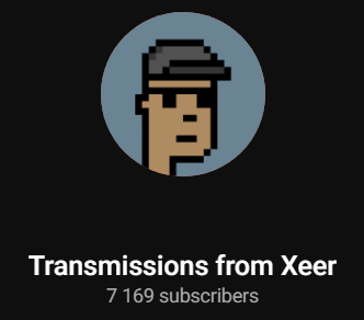 A pixel art profile icon showing a side profile of a man wearing a gray cap on a blue circular background, displayed above the channel name "Transmissions from Xeer" with "7 169 subscribers" listed below. The subscriber count visually answers the creator's question about their Telegram subscriber growth, while the pixel-art aesthetic complements their casual, meme-influenced trading content mixing equities and memecoins.