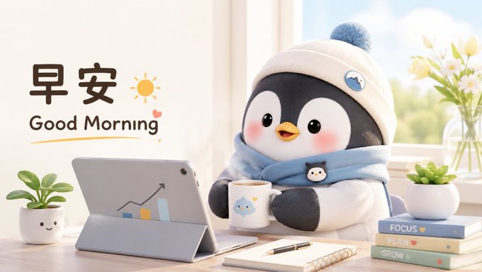 A cute penguin plushie wearing a white winter hat and blue scarf sits at a desk with a tablet showing a growth chart, accompanied by '早安 Good Morning' text and books labeled FOCUS, PLAN, and GROW.