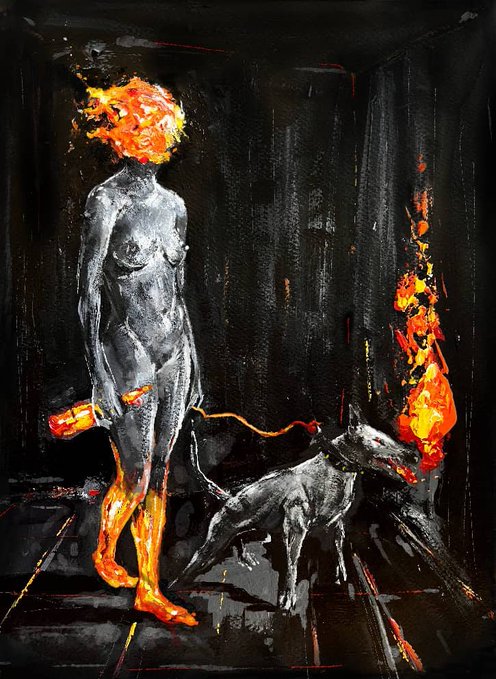 An expressive, dark-toned painting depicting a nude female figure with a head made of flames, accompanied by a wolf-like creature, both rendered in striking contrasts of black, grey, and fiery orange.