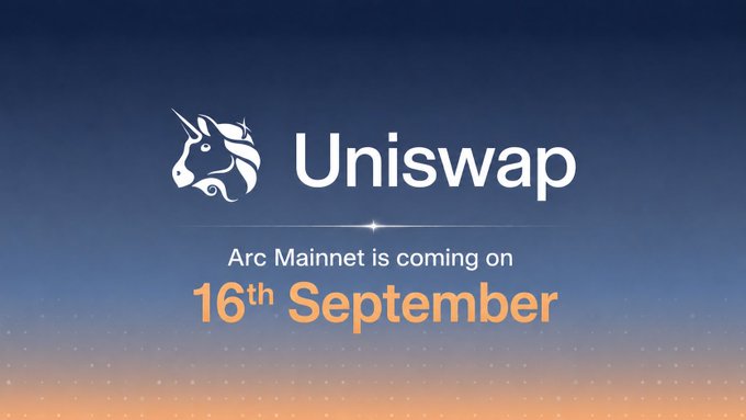 An announcement graphic for Uniswap stating 'Arc Mainnet is coming on 16th September' with the Uniswap unicorn logo on a gradient blue background.
