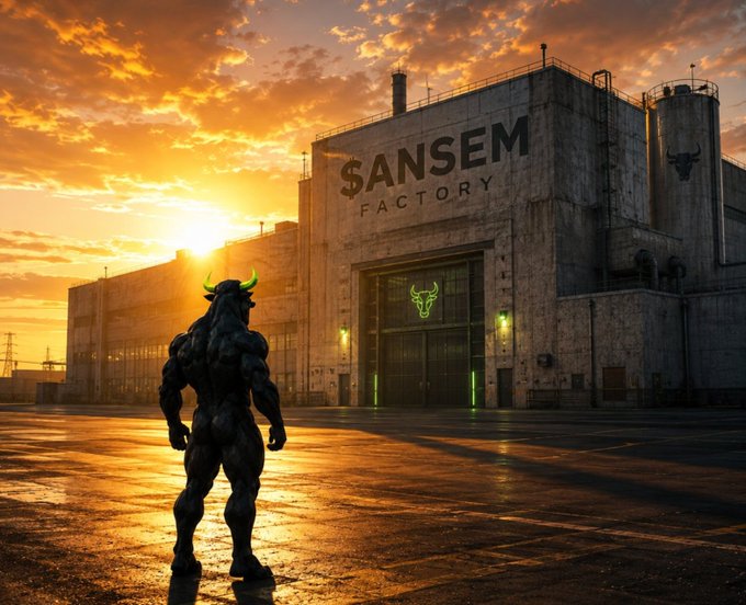 A muscular bull-headed figure stands before a massive concrete facility labeled "SANSEM FACTORY" at sunset, with a glowing bull emblem above the entrance. The image visualizes the post's message that "SANSEM" ($HBULL) is a project built to follow "ANSEM's" lead like a loyal bull to its matriarch, reinforcing the bullish sentiment behind the token.