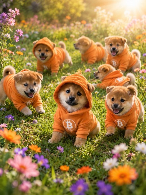 The image features a group of six adorable puppies, all wearing orange hoodies with the letters "B", "T", and "O" printed on them. The puppies are sitting or lying down together in a grassy field, surrounded by flowers. The background is blurred, but it appears to be a garden filled with various types of colorful flowers. The post also includes text that reads "Touch grass $DOG Army".