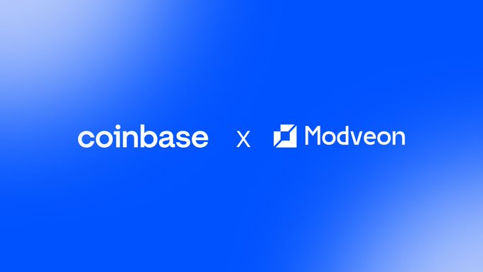 A blue promotional graphic displaying the Coinbase logo alongside "x Modveon," indicating a partnership between Coinbase and Modveon to support Sivar, a stablecoin-based remittance service on the Base network that enables Salvadorans in the US to send money to El Salvador for a flat $2 fee.
