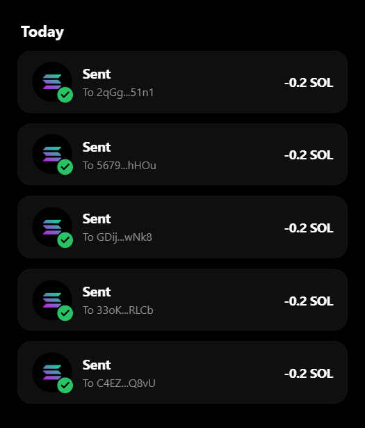The image shows a transaction history displaying 5 successful "Sent" transfers of -0.2 SOL each to various wallet addresses (2qGg...51n1, 5679...hHOu, GDjj...wNk8, 33oK...RLCb, C4EZ...Q8vU), serving as proof of payments matching the "$SOL airdrop" claim mentioned in the post.