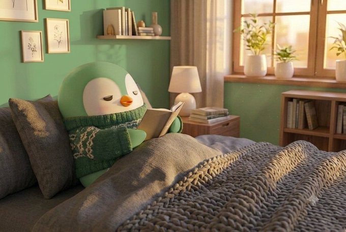 A cute penguin character wearing a green sweater and scarf lies in a cozy bed reading a book in a sunlit room with green walls and houseplants.