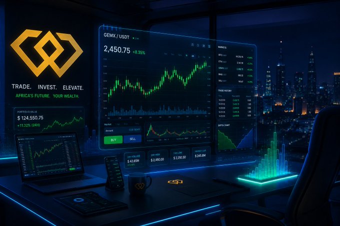 The image shows an office desk with two laptops, a smartphone, and a cup of coffee placed next to each other. The desk also has a computer monitor displaying financial data and graphs about cryptocurrency trading. In the background, there's a cityscape visible through windows, showing that it is nighttime in the location depicted in the image. 

The post suggests a comparison between the Africa Bitcoin Market and the WEEX Exchange. It highlights how most traders in Africa are sleeping on the WEEX exchange because of its fast-growing popularity and accessibility to over 1,700 cryptocurrencies across spot, futures, and P2P markets. The office desk signifies that these traders work from home and use modern technology for trading purposes.