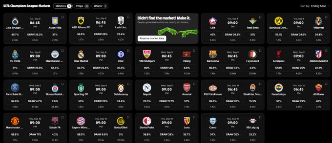 UEFA Champions League betting market interface displaying various matchups with team names, win probabilities, and draw percentages in a grid layout.