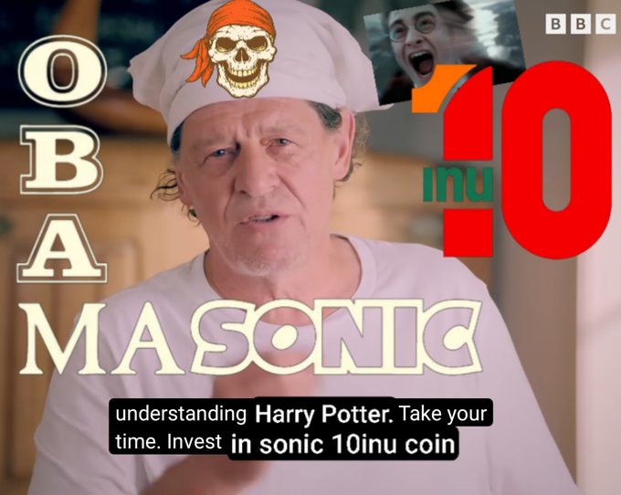 A still from a BBC interview with chef Marco Pierre White is overlaid with pirate imagery, "OBAMA SONIC" text, a Harry Potter meme face, and a "10 INU" logo, while a caption instructs viewers to "invest in sonic 10inu coin" by "understanding Harry Potter." The image satirizes the absurd Shiba Inu-type crypto pump scheme referenced in the post, using Marco Pierre White's image and the nonsensical "HarryPotterObamaSonic10Inu" ticker to mock the celebrity endorsement format commonly used in meme coin promotions.