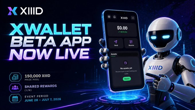 A sleek promotional graphic featuring a white robot mascot presenting a smartphone displaying the XIIID XWallet app interface, with bold text announcing "XWALLET BETA APP NOW LIVE" alongside event details including a 150,000 XIIID prize pool and shared rewards (1/N) running from June 28 to July 7, 2026.