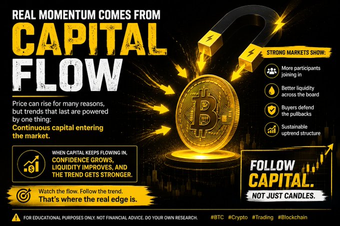 A promotional graphic titled "Real Momentum Comes from Capital Flow" featuring a glowing Bitcoin coin with arrows funneling into it, alongside bullet points highlighting signs of strong markets (more participants joining, better liquidity, buyers defending pullbacks, sustainable uptrend structure), and the tagline "Follow capital, not just candles," with hashtags #BTC, #Crypto, #Trading, #Blockchain.

The image reinforces the post's message by visually emphasizing that Bitcoin's strength depends on continuous capital flowing into the market—through sustained participation, liquidity, and buyers absorbing sell pressure—rather than chasing short-term price spikes around the $82K level.