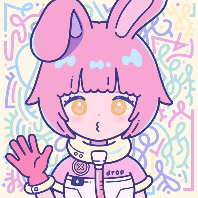 Chibi-style anime illustration of a pink-haired girl with rabbit ears, wearing a futuristic outfit labeled 'drop' and waving, set against a pastel graffiti-style background.