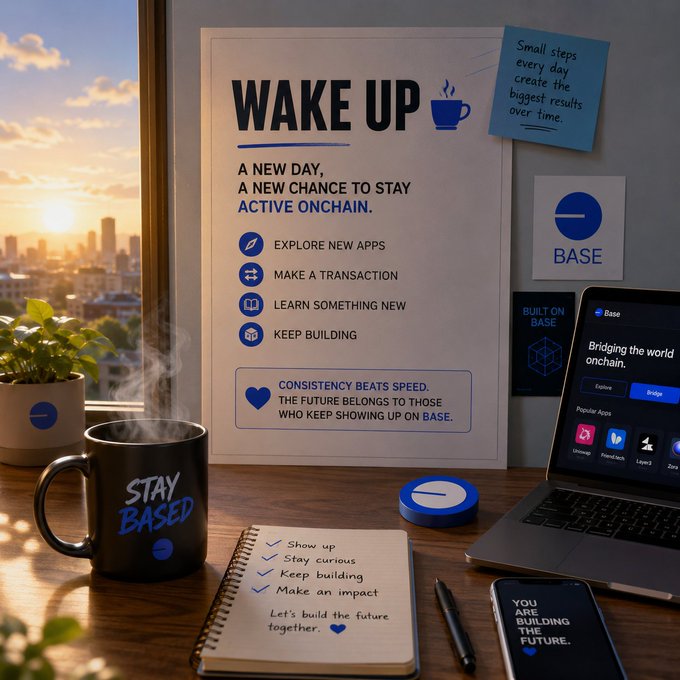 The image shows a wooden desk with various items, including a laptop computer, a cell phone, a notebook or journal, a coffee mug, and some sticky notes. The background features an urban cityscape view through a window. The main focus of the image is a poster that reads "Wake up A new day on Base". This poster serves as a reminder to take time for oneself and prioritize personal growth in daily life.