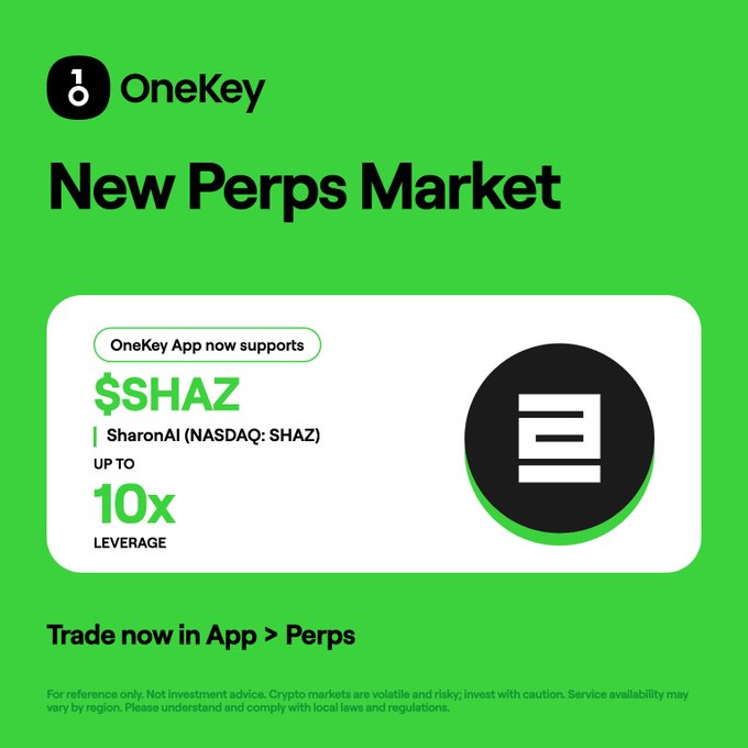 A OneKey promotional graphic announcing a new perps market for $SHAZ (SharonAI, NASDAQ: SHAZ) with up to 10x leverage, directing users to trade via the app.
