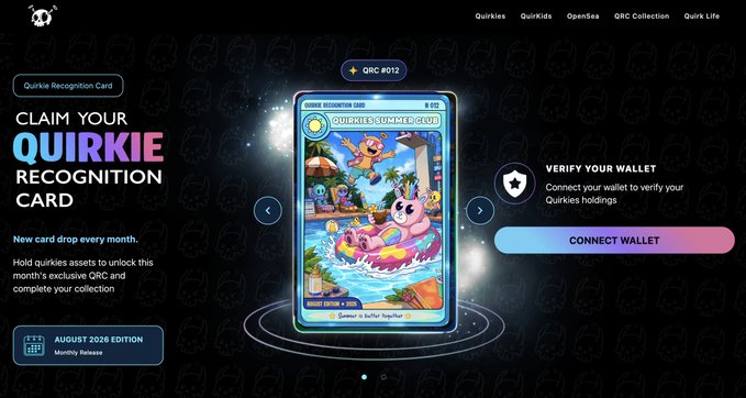 A website interface promoting 'QUIRKIE RECOGNITION CARD' NFTs, specifically 'QRC #012', showing an August 2026 edition card titled 'Summon in Surtur Together' with a 'CONNECT WALLET' button.