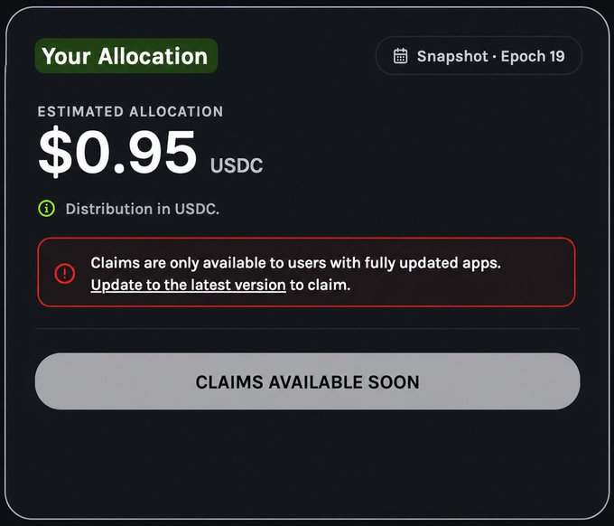 Crypto allocation dashboard showing 'Your Allocation' of $0.95 USDC for Snapshot · Epoch 19, with a warning that claims require app update and 'Claims Available Soon'.