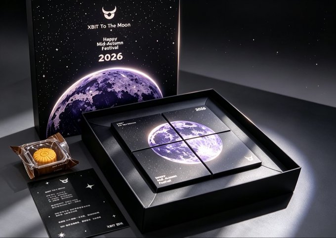 A 'XBIT To The Moon' themed Mid-Autumn Festival 2026 gift set is displayed, featuring a black box with moon graphics, a mooncake in packaging, and accompanying cards.
