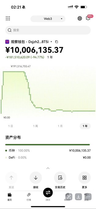 A mobile wallet screenshot showing a Web3 portfolio with a balance of ¥10,006,135.37, down -¥181,510,620.09 (-94.77%) over 1 year, with a green declining chart and asset distribution of 100% tokens.