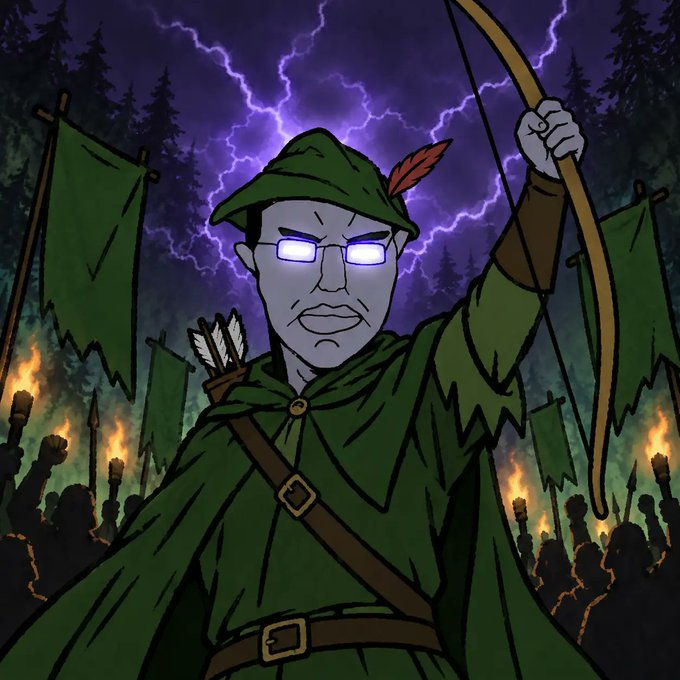 An illustration of a stern man in a green hooded cloak with glowing purple lightning eyes, holding a drawn bow with arrows on his back, against a stormy purple sky and a crowd with torches.