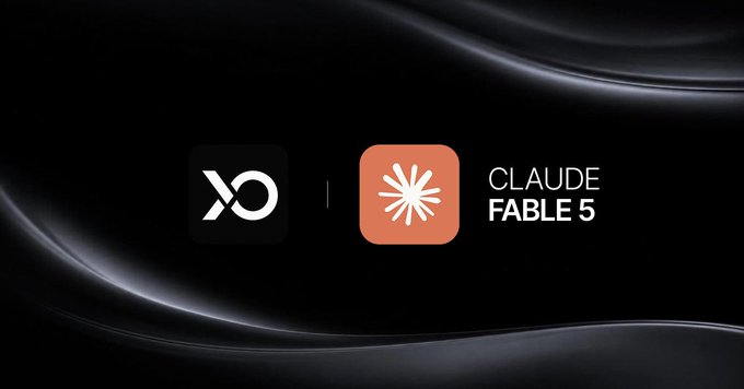 A sleek black promotional graphic features the white Xona logo alongside the orange Claude Fable 5 icon and text, visually representing the integration of Claude Fable 5 as a pay-per-use AI inference resource on the Xona platform via Solana's x402 protocol.