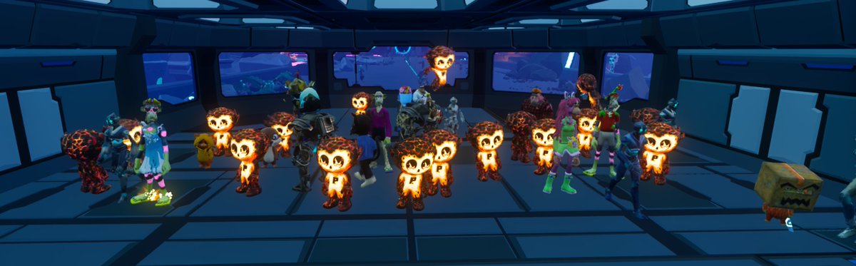 A group of various avatars and glowing magma creatures gather inside a futuristic room with large windows in the Otherside Meta game. The image captures the community event, showing the diverse player characters and fiery companions mentioned in the game time session hosted by Blaze Stream.