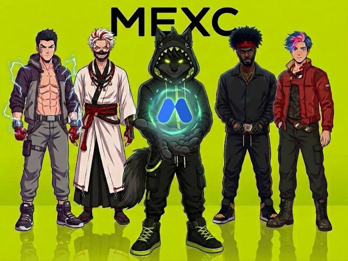 Anime-style promotional image for MEXC featuring five characters, including a central hooded wolf figure holding a glowing blue M-shaped logo.