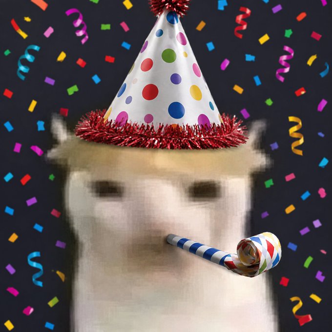 A blurry llama-like character wearing a colorful polka-dot party hat and blowing a striped party horn celebrates amid falling confetti, perfectly matching the birthday congratulations and giveaway announcement in the post.