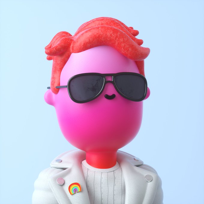 A 3D rendered character with bright pink skin, red textured hair, black aviator sunglasses, and a white jacket adorned with a rainbow pride pin.