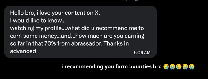 A screenshot of a message asking for money-making recommendations with the response 'i recommending you farm bounties bro 😭😭😭😭' at 5:06 AM.