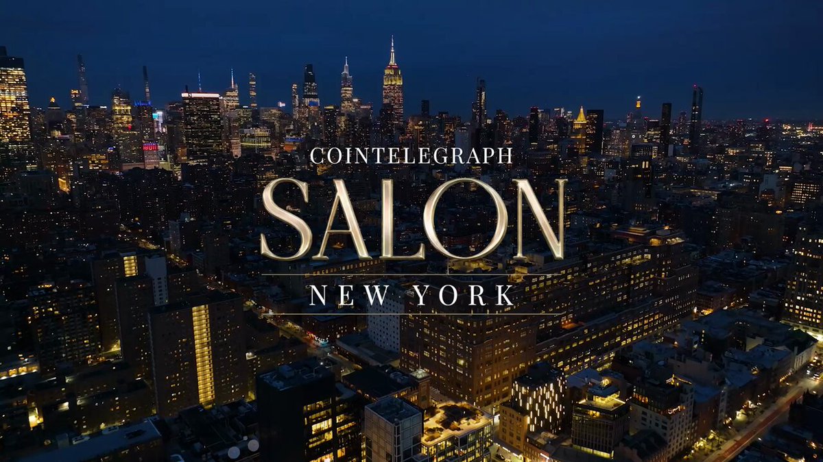In the image, a city skyline can be seen at night, serving as the backdrop for an advertisement promoting Salon New York. The text "Cointelelegraph Salon NY" appears above the cityscape, indicating that this is related to the salon industry or some form of news organization collaborating with Salon New York. The city lights are also shining brightly, making the scene look even more vibrant and appealing.