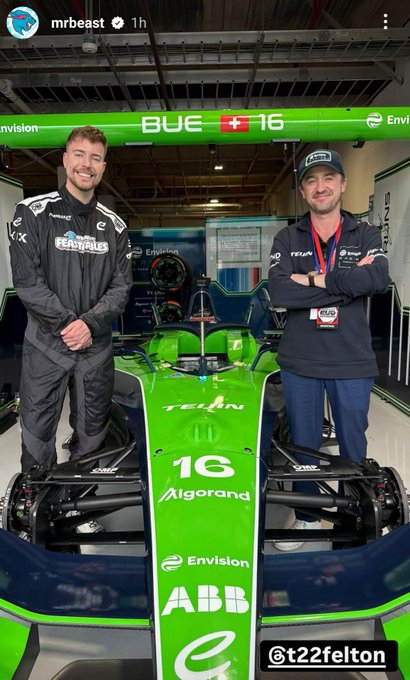 An Instagram story from mrbeast featuring two men in racing gear standing in front of a green Envision Formula E race car with number 16 and Algoranda branding, tagged @t22felton.