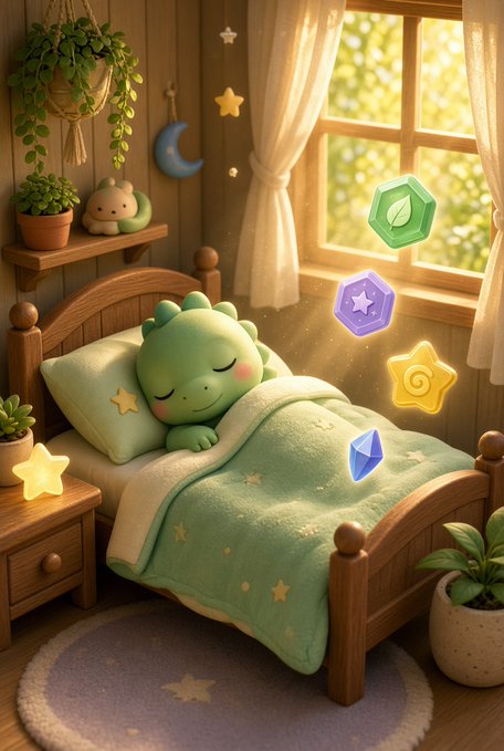 A whimsical 3D-rendered green dinosaur plush character sleeps peacefully in a wooden bed, surrounded by glowing stars, a moon, and floating colorful gems in a cozy bedroom.