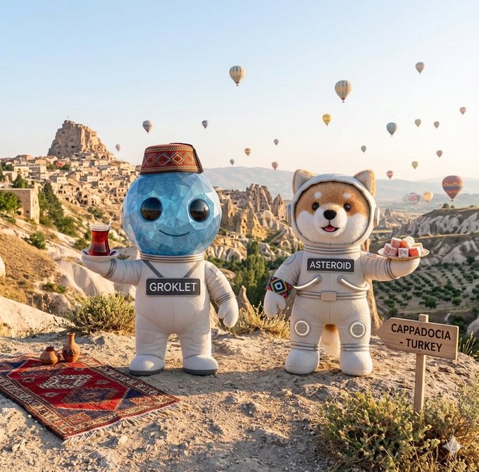 The image features two stuffed animals, a blue robot and a brown dog, standing next to each other on a hillside with a rug laid out beneath them. The background of the image shows several hot air balloons floating above the scene. The caption at the bottom of the image reads "$GROKLET AND $ASTEROID GOING TO TURKEY".