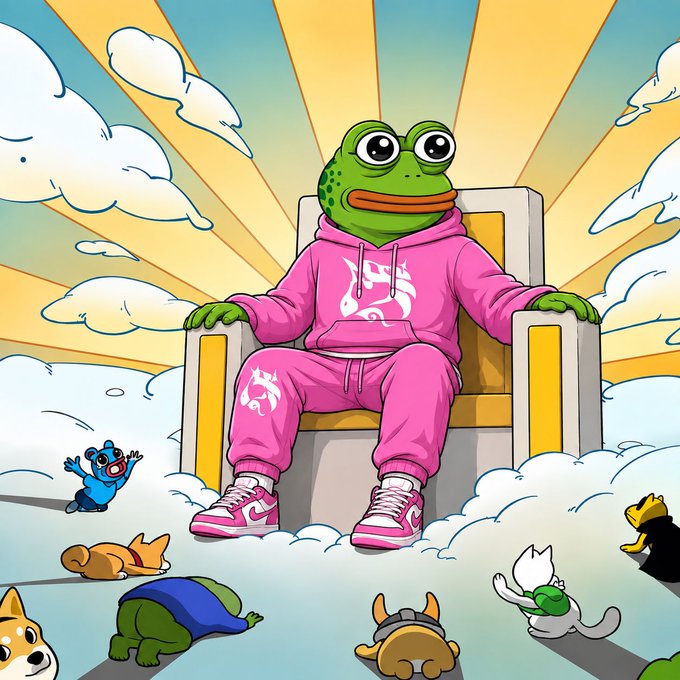 A digital illustration of Pepe the Frog wearing a pink tracksuit and sneakers, sitting on a throne surrounded by small cartoon animals.