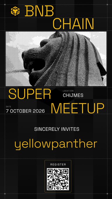 An invitation from BNB Chain to "yellowpanther" to attend their Super Meetup at CHIJMES on October 7, 2026, featuring a pixelated black-and-white image of a roaring big cat. The event invitation corresponds to the BNB Chain gathering being highlighted in the post.