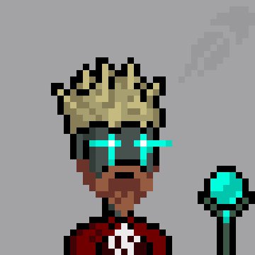 A pixel art character with a crown and glowing blue tears holds a cyan staff against a gray background.