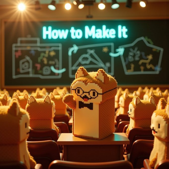 A classroom of Shiba Inu (Dogecoin) figures with one standing at a desk presenting 'How to Make It' written on the chalkboard behind them.