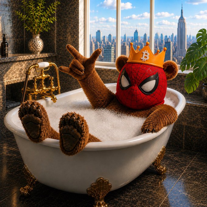 A whimsical scene shows a teddy bear wearing a Spider-Man mask and a Bitcoin-themed gold crown relaxing in a bubble bath in a luxurious marble bathroom overlooking a city skyline.