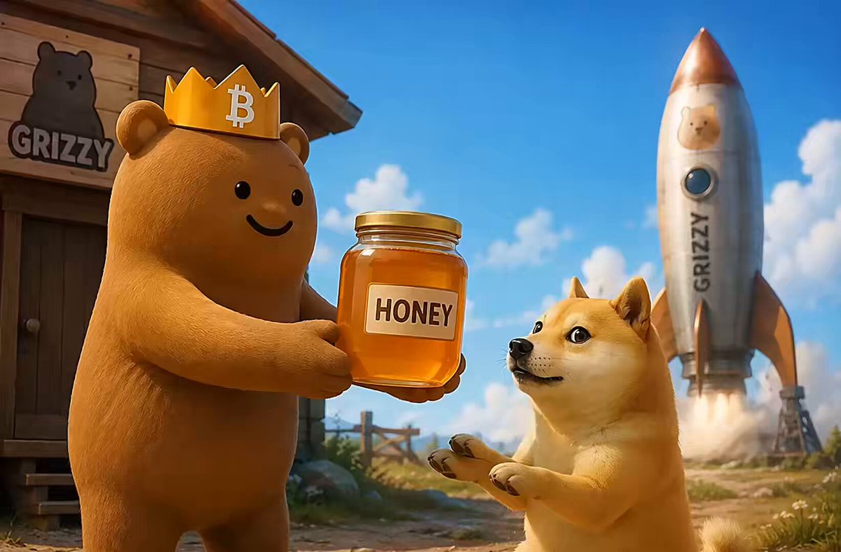 The image features a brown teddy bear holding a jar of honey with a dog standing next to him. The background shows a rocket ship, indicating that they are in an outer space setting. The caption "$DOGE, hold my honey... I have to get to the moon STAY $GRIZZY" is written below them, which seems to be related to the post about Bitcoin and bears.