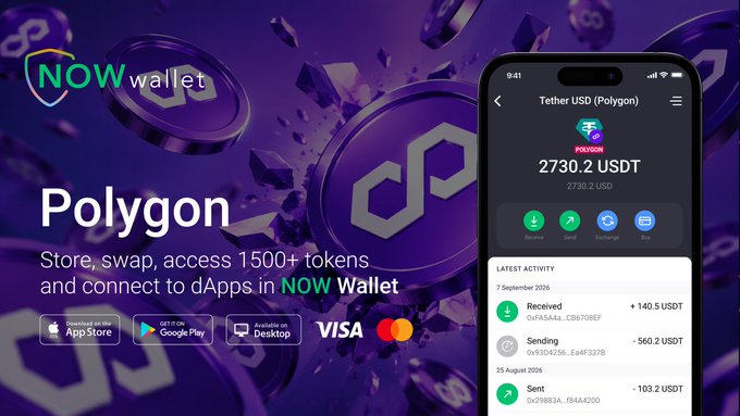 A promotional advertisement for NOW Wallet displaying support for the Polygon network, showing '2730.2 USDT' balance on a mobile app interface with transaction history, and noting availability on App Store, Google Play, and Desktop.