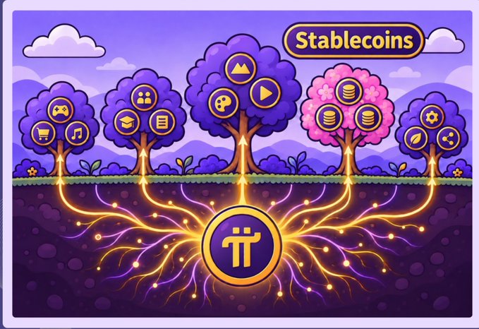 The illustration depicts a vibrant scene with purple and pink trees labeled "Stablecoins," each bearing icons representing various sectors (gaming, education, media, finance, and technology), all connected via glowing root systems to a central Pi (π) Network emblem underground. This visually represents how the OUSD stablecoin integrates with the Pi Network ecosystem, branching out to support diverse use cases while symbolizing the deep foundational connection—and ongoing developmental journey—between the two platforms as referenced in the post.