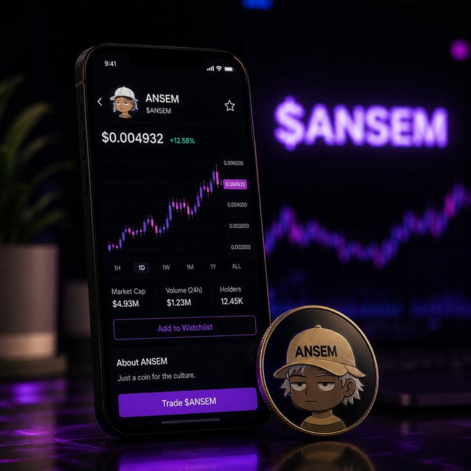 A promotional image showing a smartphone displaying a cryptocurrency called "ANSEM" with a price of $0.004932 (+12.58%), alongside a coin featuring a cartoon character wearing a "ANSEM" cap.