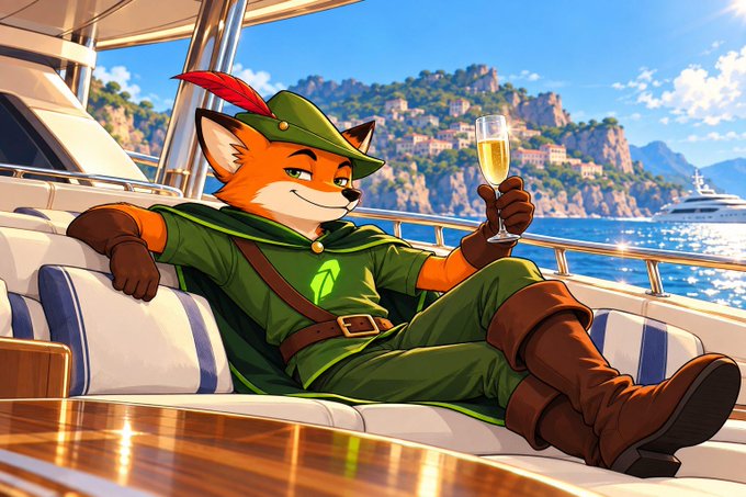 An illustrated fox character dressed in a green Robin Hood-style outfit with a feathered cap lounges on a yacht, holding a glass of champagne against a scenic coastal backdrop.