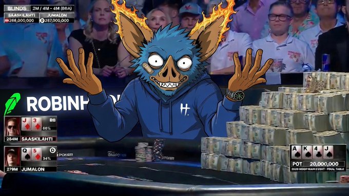 An edited image from the 2025 WSOP Main Event shows a cartoon Bored Ape character placed over Saaskilahti during a poker hand with a massive stack of cash and a $20,000,000 pot.